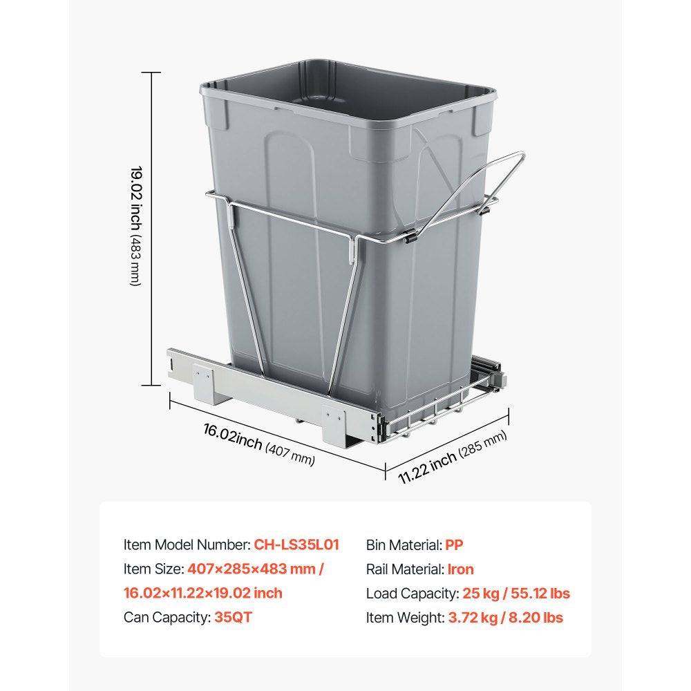 VEVOR Pullout Trash Can for Kitchen Cabinets, 35 QT Garbage Waste Recycling Bin, Under Mount Waste Container, with Heavy Duty Metal Full Extension Sliding System and Handle, for Sink, Under Counter