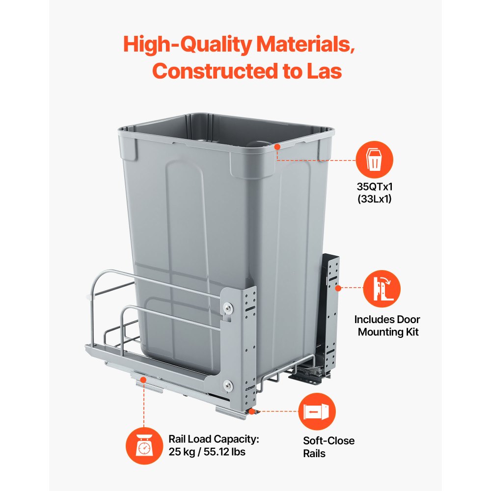 VEVOR Pullout Trash Can for Kitchen Cabinets, 35 QT Garbage Waste Recycling Bin, Under Mount Waste Container, with Heavy Duty Metal Soft Close Sliding System and Door Kit, for Sink, Under Counter