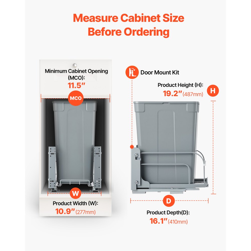 VEVOR Pullout Trash Can for Kitchen Cabinets, 35 QT Garbage Waste Recycling Bin, Under Mount Waste Container, with Heavy Duty Metal Soft Close Sliding System and Door Kit, for Sink, Under Counter