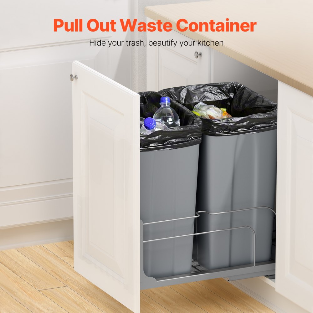 VEVOR Pull-Out Trash Can, 50 QT x2 Double Under Mount Kitchen Waste Container, Heavy Duty Garbage Recycling Bin with Door Kit and Soft Close Slide, for Kitchen Cabinet, Sink, Under Counter (Grey)