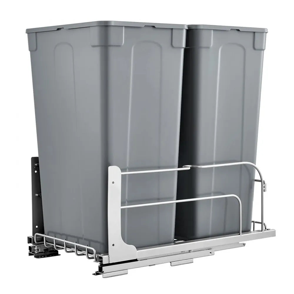 VEVOR Pull-Out Trash Can, 50 QT x2 Double Under Mount Kitchen Waste Container, Heavy Duty Garbage Recycling Bin with Door Kit and Soft Close Slide, for Kitchen Cabinet, Sink, Under Counter (Grey)