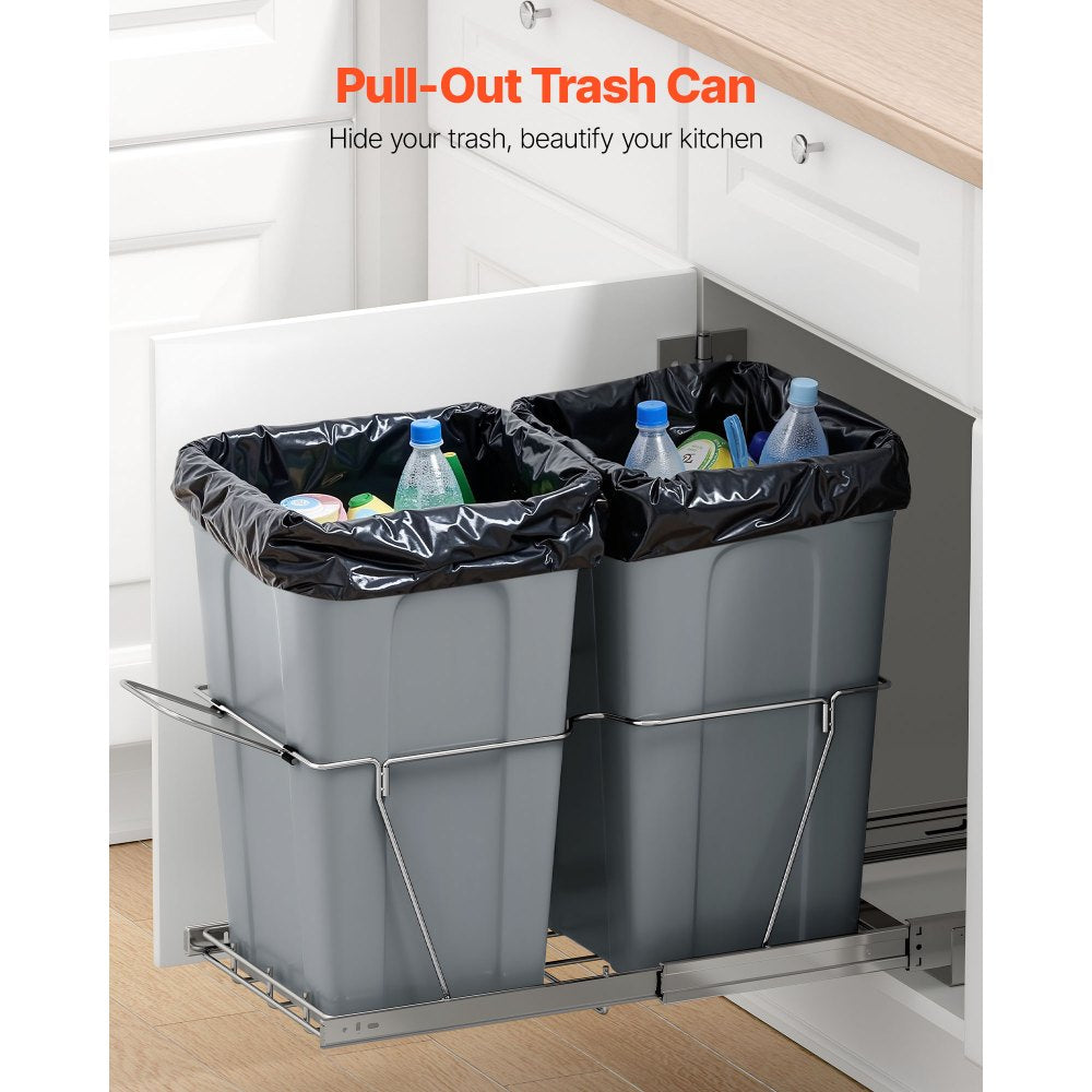 VEVOR Pullout Trash Can for Kitchen Cabinets, 27QTx2 Double Under Sink Garbage Waste Recycling Bin, Under Mount Waste Container, with Heavy Duty Metal Full Extension Sliding System and Handle