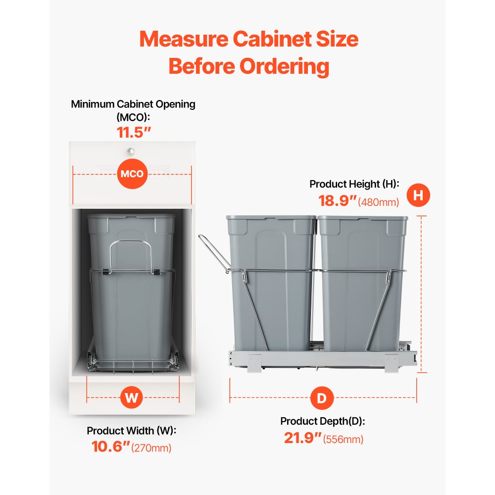 VEVOR Pullout Trash Can for Kitchen Cabinets, 27QTx2 Double Under Sink Garbage Waste Recycling Bin, Under Mount Waste Container, with Heavy Duty Metal Full Extension Sliding System and Handle