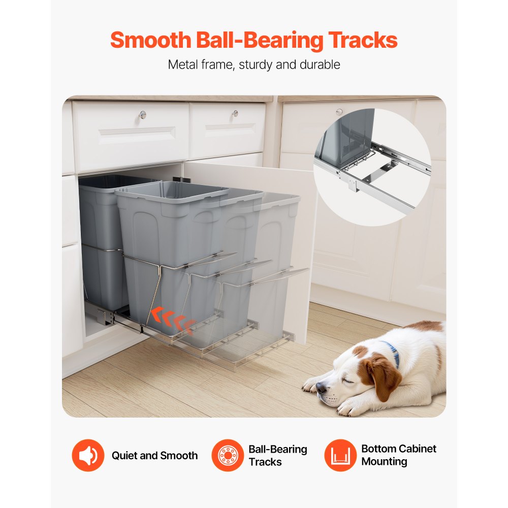 VEVOR Pullout Trash Can for Kitchen Cabinets, 27QTx2 Double Under Sink Garbage Waste Recycling Bin, Under Mount Waste Container, with Heavy Duty Metal Full Extension Sliding System and Handle