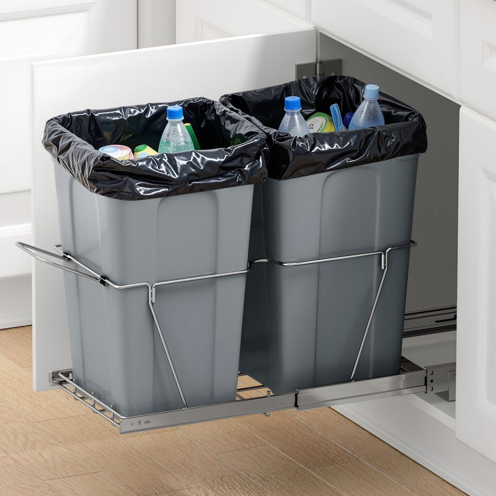 VEVOR Pullout Trash Can for Kitchen Cabinets, 27QTx2 Double Under Sink Garbage Waste Recycling Bin, Under Mount Waste Container, with Heavy Duty Metal Full Extension Sliding System and Handle