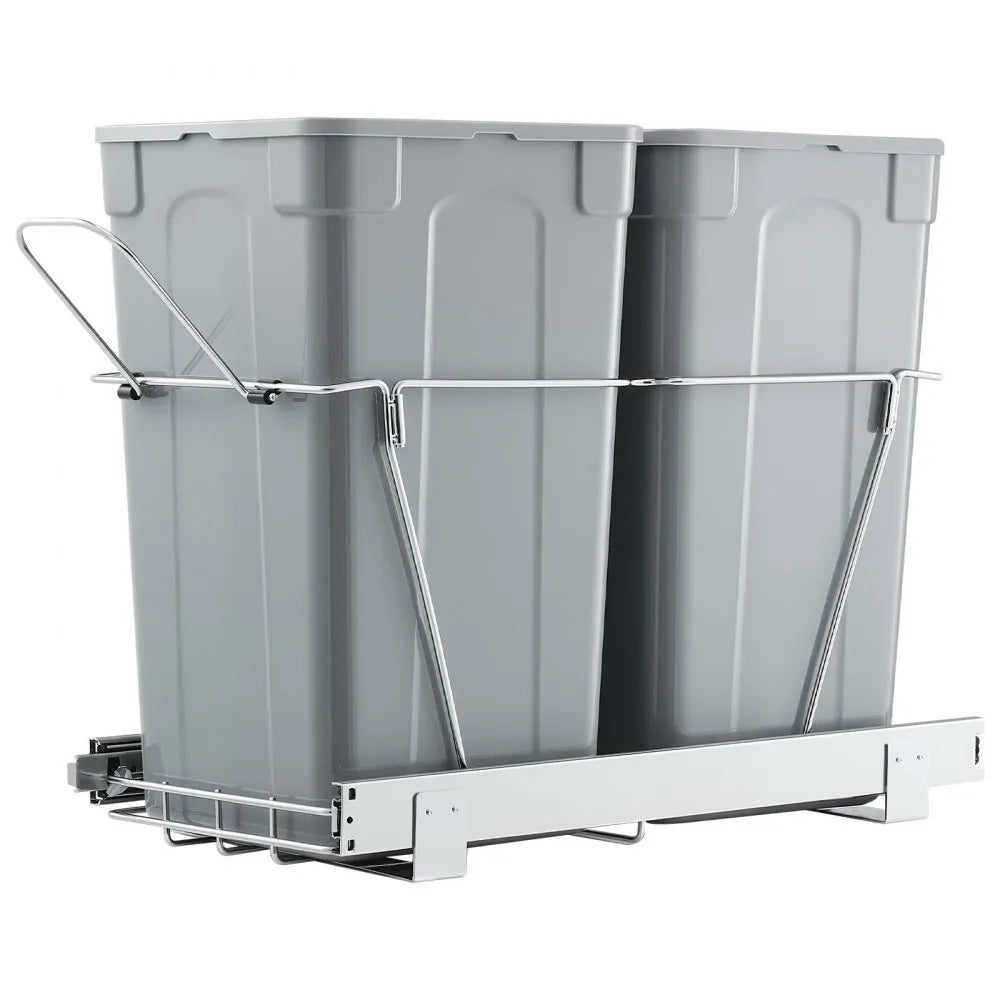 VEVOR Pullout Trash Can for Kitchen Cabinets, 27QTx2 Double Under Sink Garbage Waste Recycling Bin, Under Mount Waste Container, with Heavy Duty Metal Full Extension Sliding System and Handle