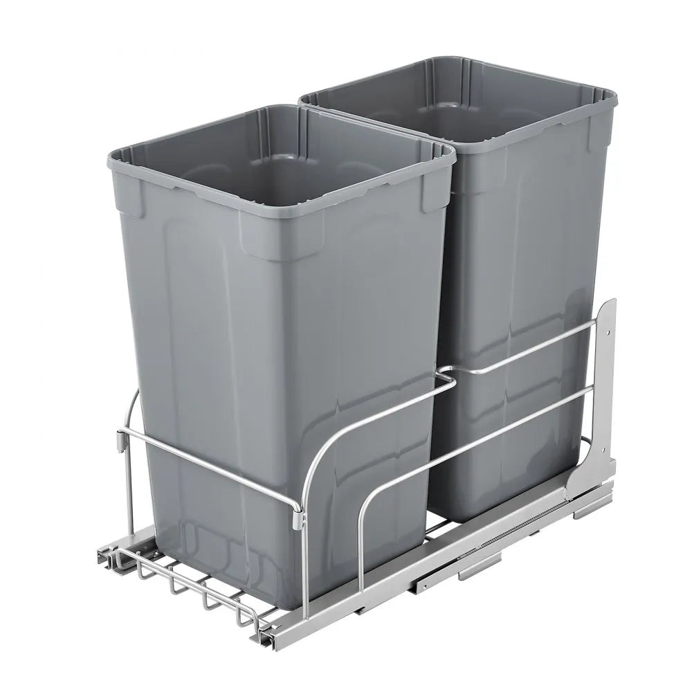 VEVOR Pull-Out Trash Can, 27 QT x2 Double Under Mount Kitchen Waste Container, Heavy Duty Garbage Recycling Bin with Door Kit and Soft Close Slide, for Kitchen Cabinet, Sink, Under Counter (Grey)