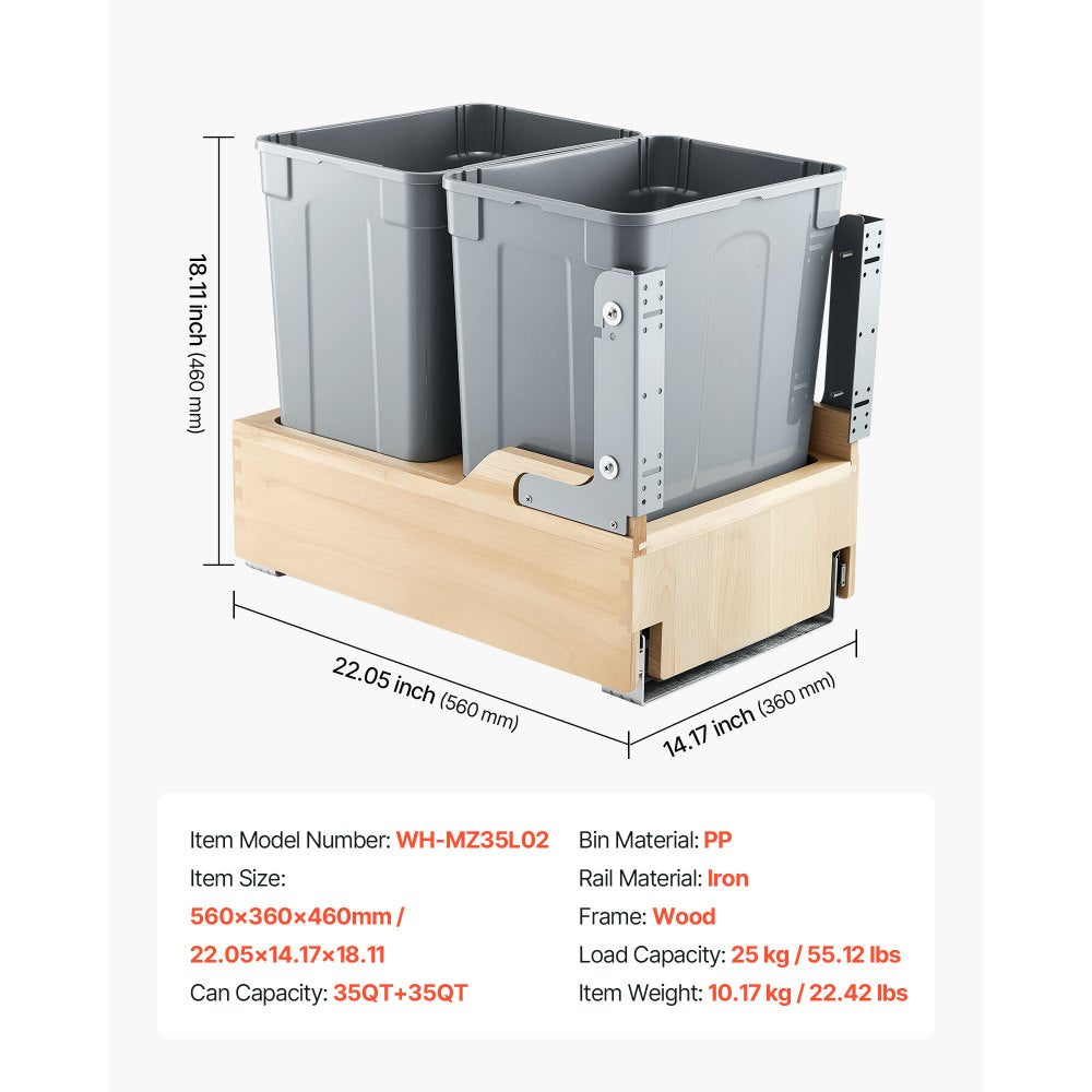 VEVOR Wood Pullout Trash Can for Kitchen Cabinets, 35 QT x2 Double Under Sink Garbage Waste Recycling Bin, Under Mount Waste Container, with Heavy Duty Metal Soft Close Sliding System and Door Kit
