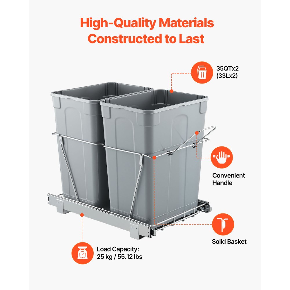 VEVOR Pullout Trash Can for Kitchen Cabinets, 35 QT x2 Double Under Sink Garbage Waste Recycling Bin, Under Mount Waste Container, with Heavy Duty Metal Full Extension Sliding System and Handle