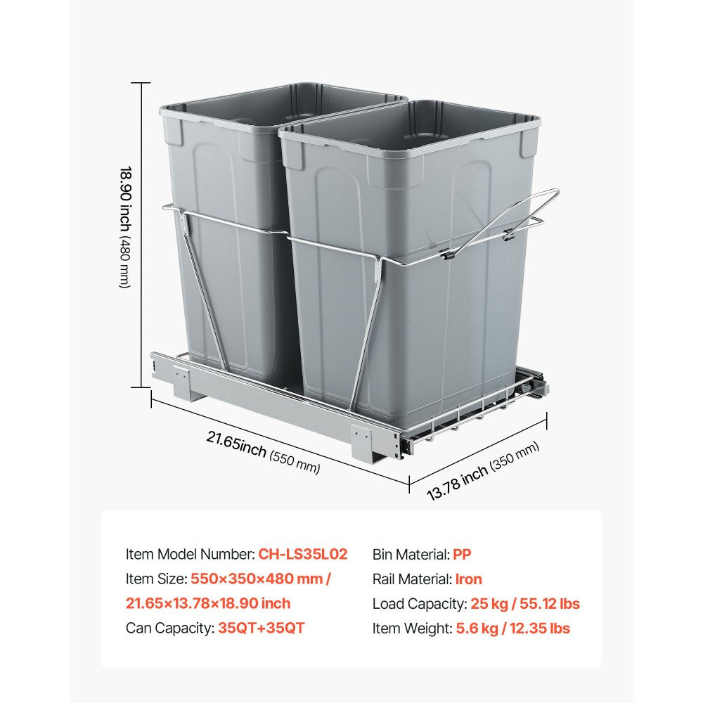 VEVOR Pullout Trash Can for Kitchen Cabinets, 35 QT x2 Double Under Sink Garbage Waste Recycling Bin, Under Mount Waste Container, with Heavy Duty Metal Full Extension Sliding System and Handle