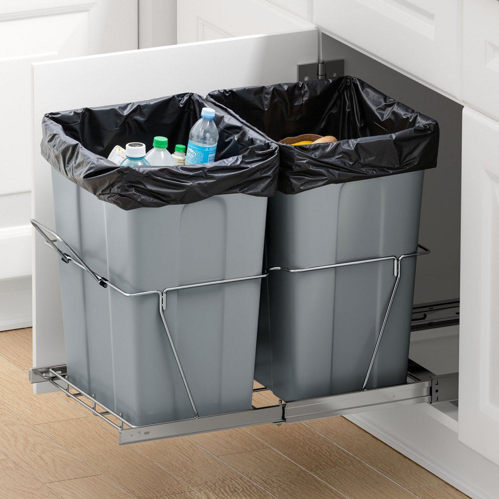 VEVOR Pullout Trash Can for Kitchen Cabinets, 35 QT x2 Double Under Sink Garbage Waste Recycling Bin, Under Mount Waste Container, with Heavy Duty Metal Full Extension Sliding System and Handle