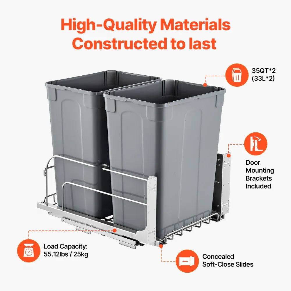 VEVOR Pull-Out Trash Can, 35 QT x2 Double Under Mount Kitchen Waste Container, Heavy Duty Garbage Recycling Bin with Door Kit and Soft Close Slide, for Kitchen Cabinet, Sink, Under Counter (Grey)
