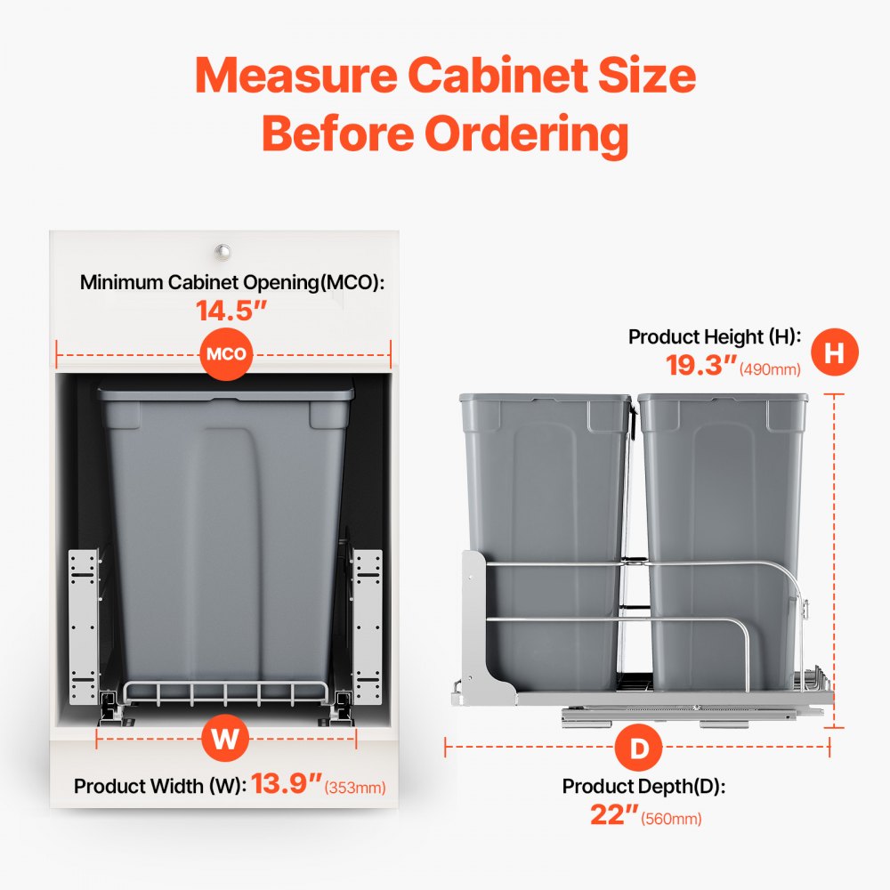 VEVOR Pull-Out Trash Can, 35 QT x2 Double Under Mount Kitchen Waste Container, Heavy Duty Garbage Recycling Bin with Door Kit and Soft Close Slide, for Kitchen Cabinet, Sink, Under Counter (Grey)
