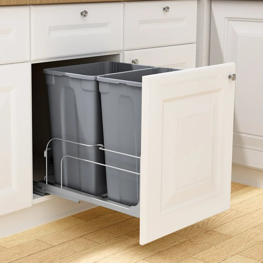 VEVOR Pull-Out Trash Can, 35 QT x2 Double Under Mount Kitchen Waste Container, Heavy Duty Garbage Recycling Bin with Door Kit and Soft Close Slide, for Kitchen Cabinet, Sink, Under Counter (Grey)