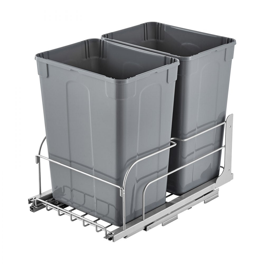 VEVOR Pull-Out Trash Can, 35 QT x2 Double Under Mount Kitchen Waste Container, Heavy Duty Garbage Recycling Bin with Door Kit and Soft Close Slide, for Kitchen Cabinet, Sink, Under Counter (Grey)