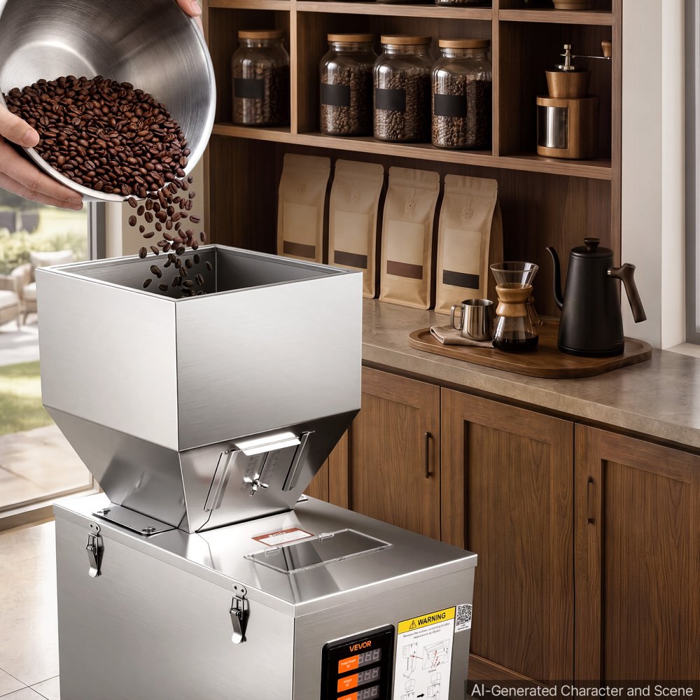 VEVOR Powder Filling Machine, 10-999g (0.02-2.2lbs) Automatic Particle Dispenser, Stainless Steel, Intelligent Weighing Dispensing Filler with Foot Pedal, for Coffee Beans, Grains, Tea, Spices, Silver