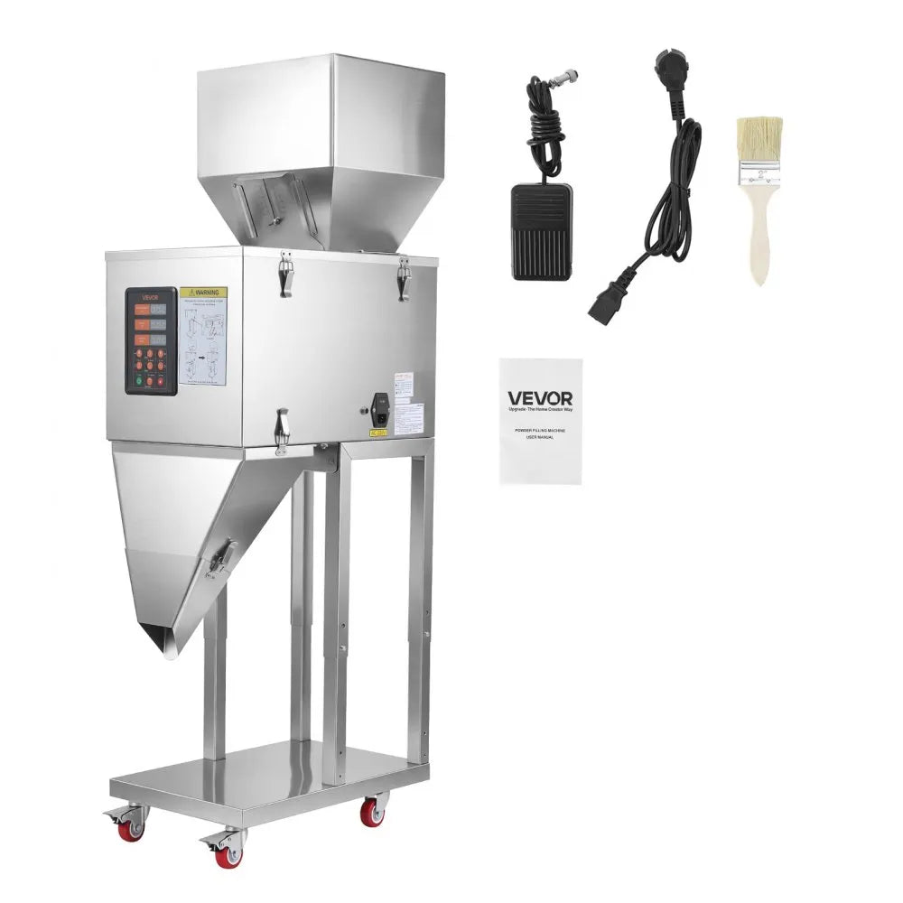 VEVOR Powder Filling Machine, 10-999g (0.02-2.2lbs) Automatic Particle Dispenser, Stainless Steel, Intelligent Weighing Dispensing Filler with Foot Pedal, for Coffee Beans, Grains, Tea, Spices, Silver