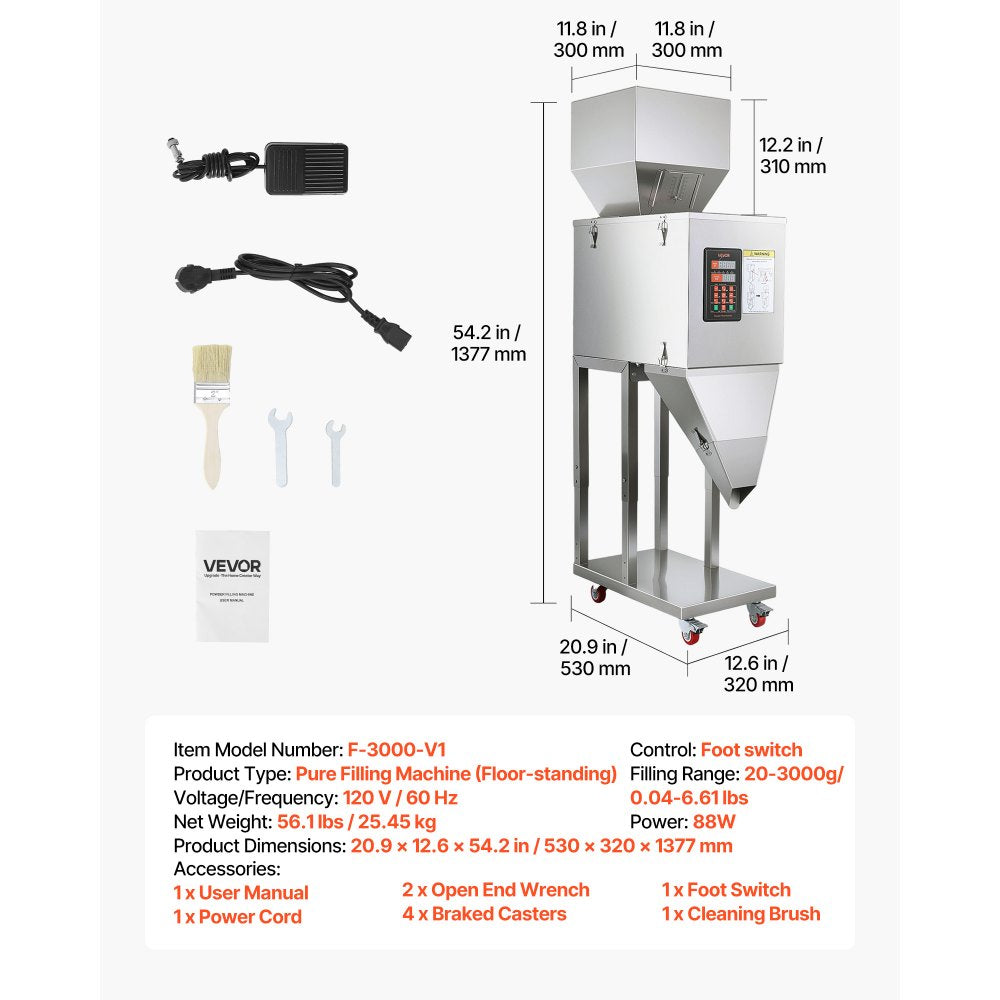 VEVOR Powder Filling Machine, 20-3000g (0.04 - 6.61lbs) Automatic Particle Dispenser, Stainless Steel, Smart Weighing Dispensing Filler w/ Foot Pedal, for Coffee Beans, Grains, Tea, Spices, Silver