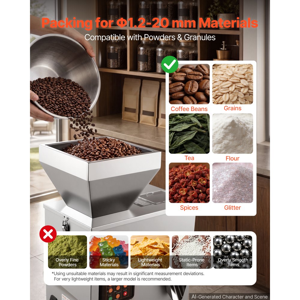 VEVOR Powder Filling Machine, 1-99.9g (0.002-0.22lbs) Automatic Particle Dispenser, High Accuracy, Stainless Steel, Intelligent Weighing Dispensing Filler for Coffee Beans, Grains, Tea, Spices, Silver