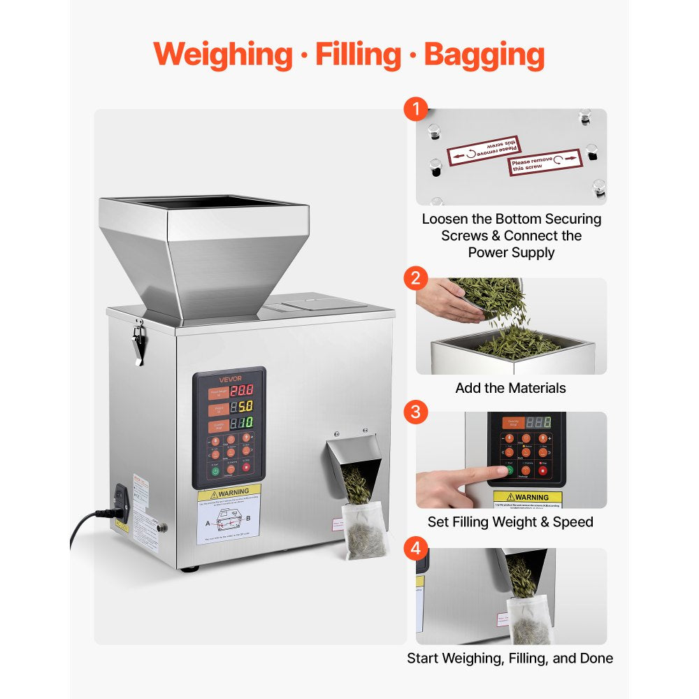 VEVOR Powder Filling Machine, 1-99.9g (0.002-0.22lbs) Automatic Particle Dispenser, High Accuracy, Stainless Steel, Intelligent Weighing Dispensing Filler for Coffee Beans, Grains, Tea, Spices, Silver
