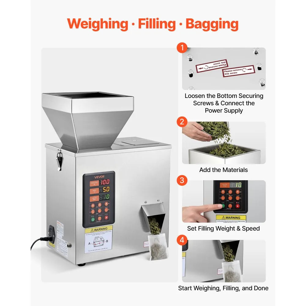 VEVOR Powder Filling Machine, 3-200g (0.01-0.44 lbs) Automatic Particle Dispenser, High Accuracy, Stainless Steel, Intelligent Weighing Dispensing Filler for Coffee Beans, Grains, Tea, Spices, Silver