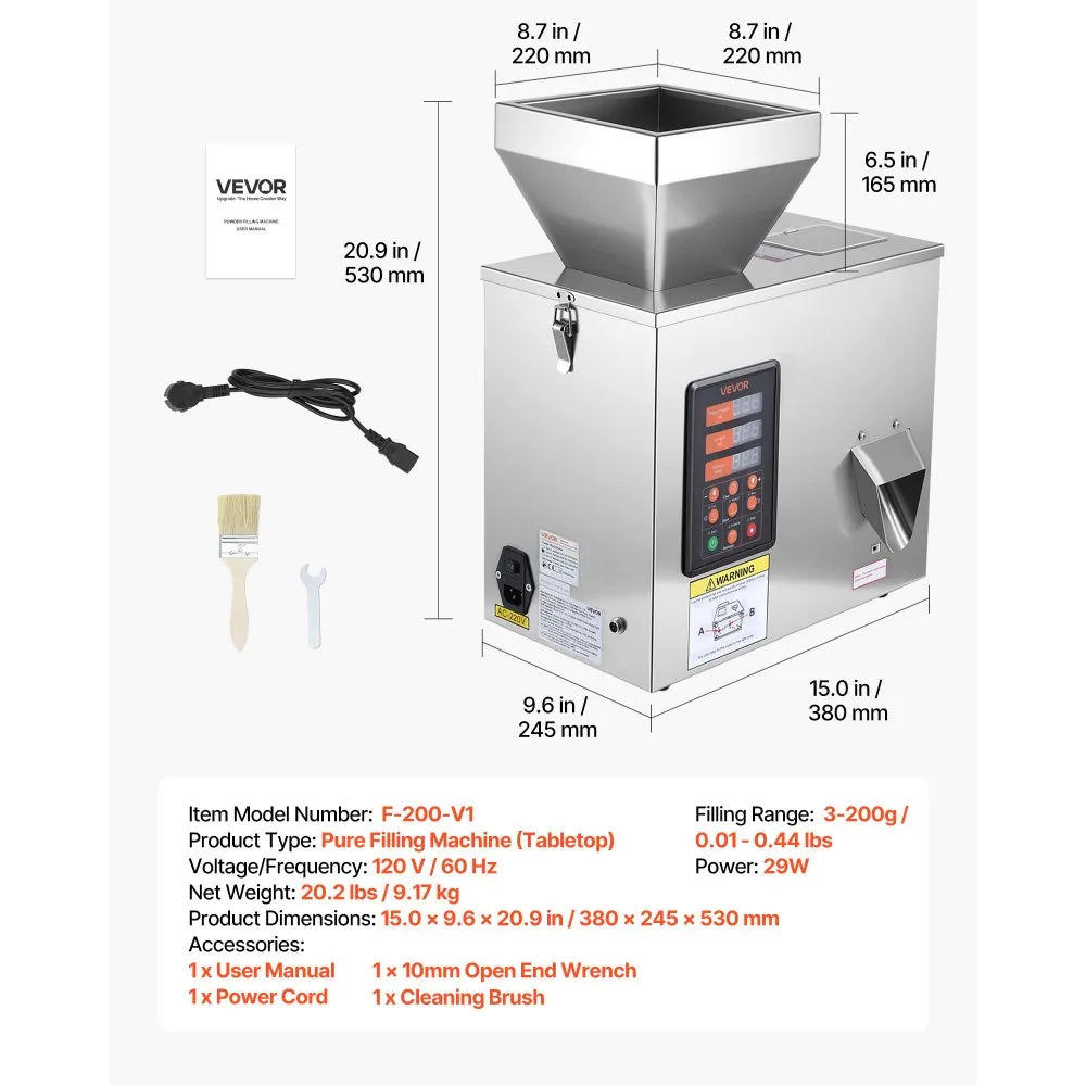VEVOR Powder Filling Machine, 3-200g (0.01-0.44 lbs) Automatic Particle Dispenser, High Accuracy, Stainless Steel, Intelligent Weighing Dispensing Filler for Coffee Beans, Grains, Tea, Spices, Silver