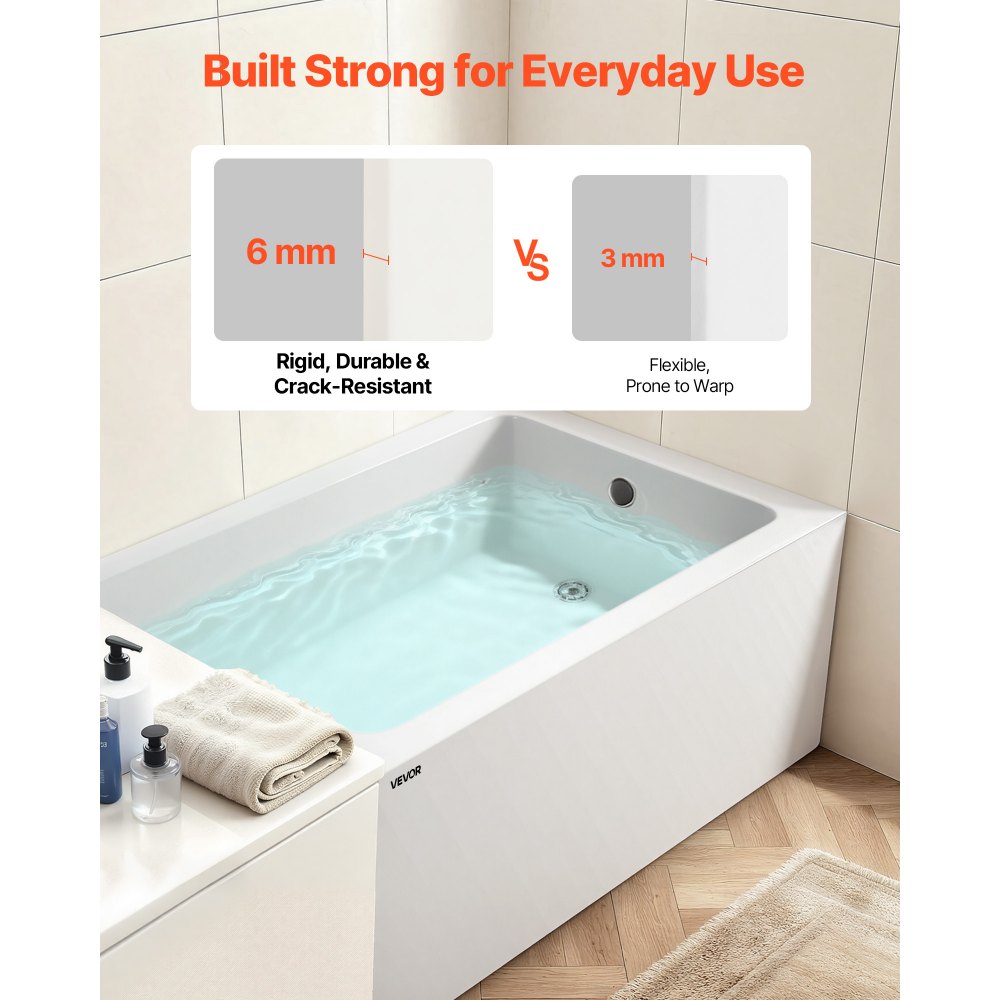 VEVOR Alcove Bathtub, 48" x 30" Contemporary Alcove Acrylic Bathtub, Soaking Bath Tub with Right Hand Drain and Overflow Hole, Large Rectangular Deep Soak Tub for Bathroom with Integral Flange, White