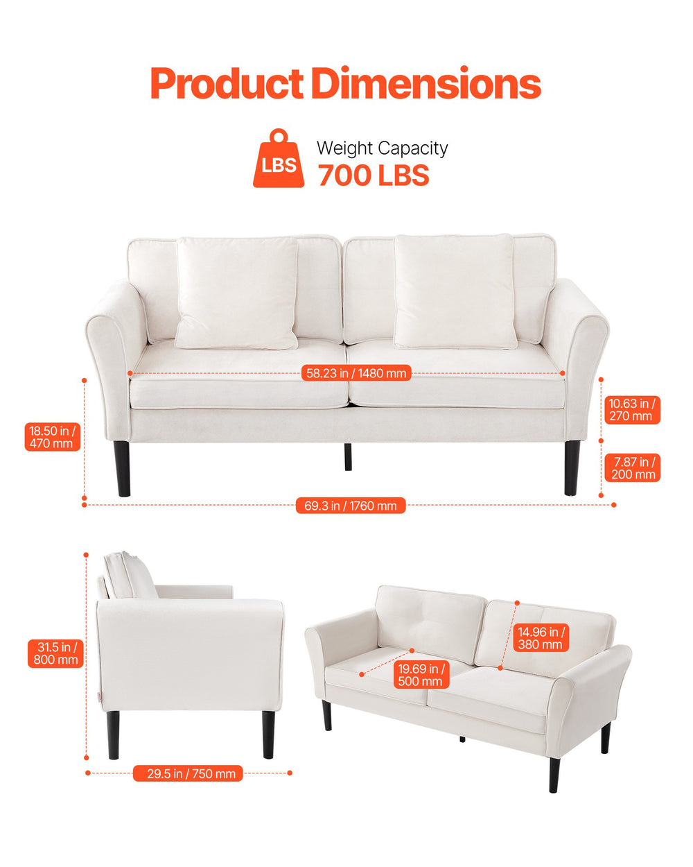 VEVOR loveseat sofa product dimensions and 700 lb weight capacity (diagram)