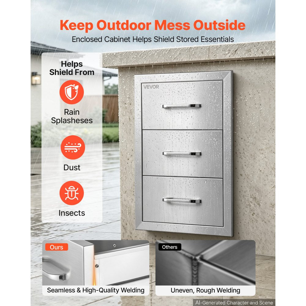 VEVOR Outdoor Kitchen Drawers, 22"W x 20"H x 14"D, 3-Tier Storage Access, for BBQ Island Storage, Patio Bars and Grill Station, with Handle, Built-In BBQ Island Drawers Organize Cookware Accessories