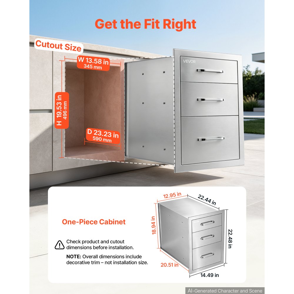 VEVOR Outdoor Kitchen Drawers, 21"W x 22"H x 14"D, 3-Tier Storage Access, for BBQ Island Storage, Patio Bars and Grill Station, with Handle, Built-In BBQ Island Drawers Organize Cookware Accessories