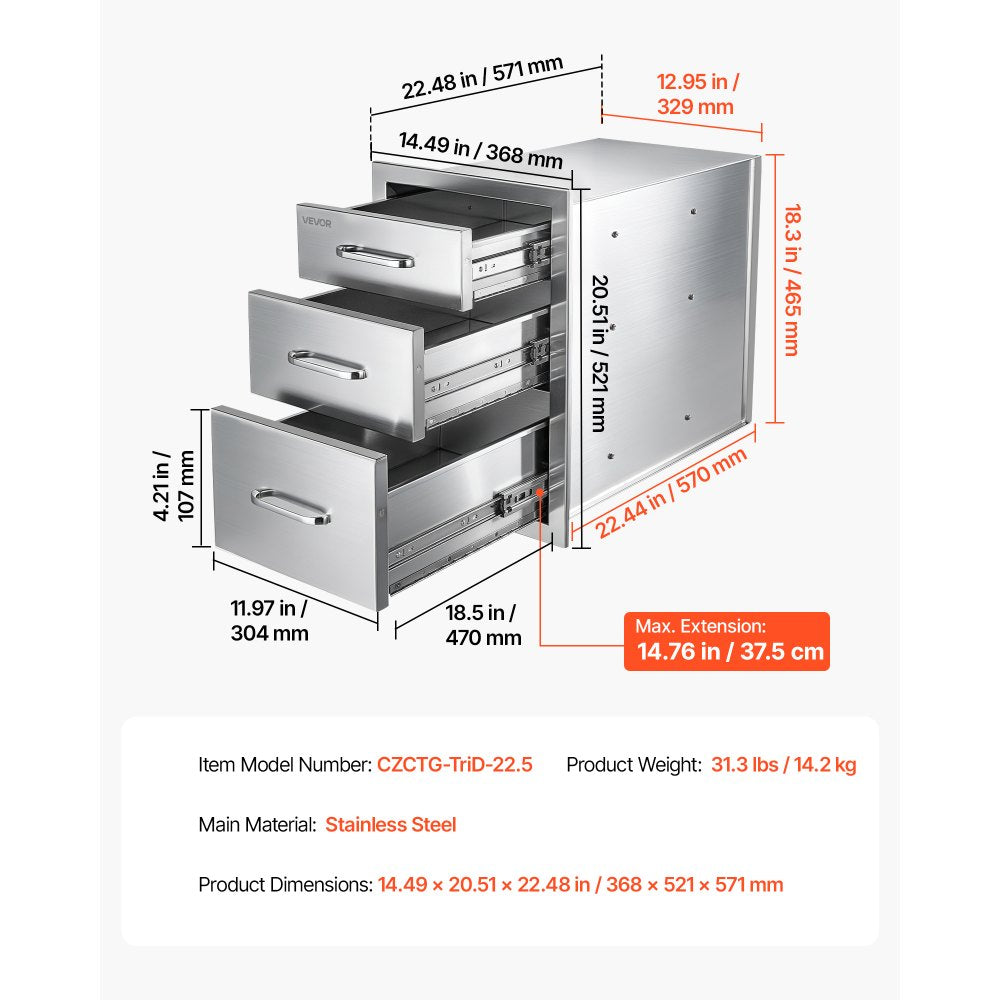 VEVOR Outdoor Kitchen Drawers, 21"W x 22"H x 14"D, 3-Tier Storage Access, for BBQ Island Storage, Patio Bars and Grill Station, with Handle, Built-In BBQ Island Drawers Organize Cookware Accessories
