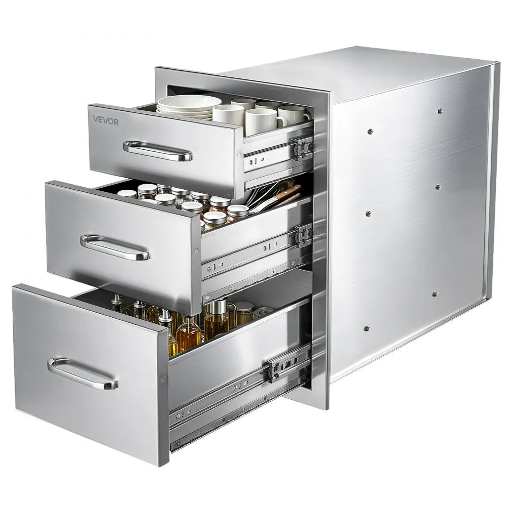 VEVOR Outdoor Kitchen Drawers, 21"W x 22"H x 14"D, 3-Tier Storage Access, for BBQ Island Storage, Patio Bars and Grill Station, with Handle, Built-In BBQ Island Drawers Organize Cookware Accessories