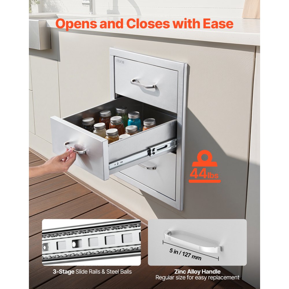 VEVOR Outdoor Kitchen Drawers 18.11" W x 23.23" D x 23.23" H, Triple-Access Stainless Steel Modular Drawer Cabinet with Handles, BBQ Island Drawer for Outdoor Kitchen or BBQ Island Patio Grill Station