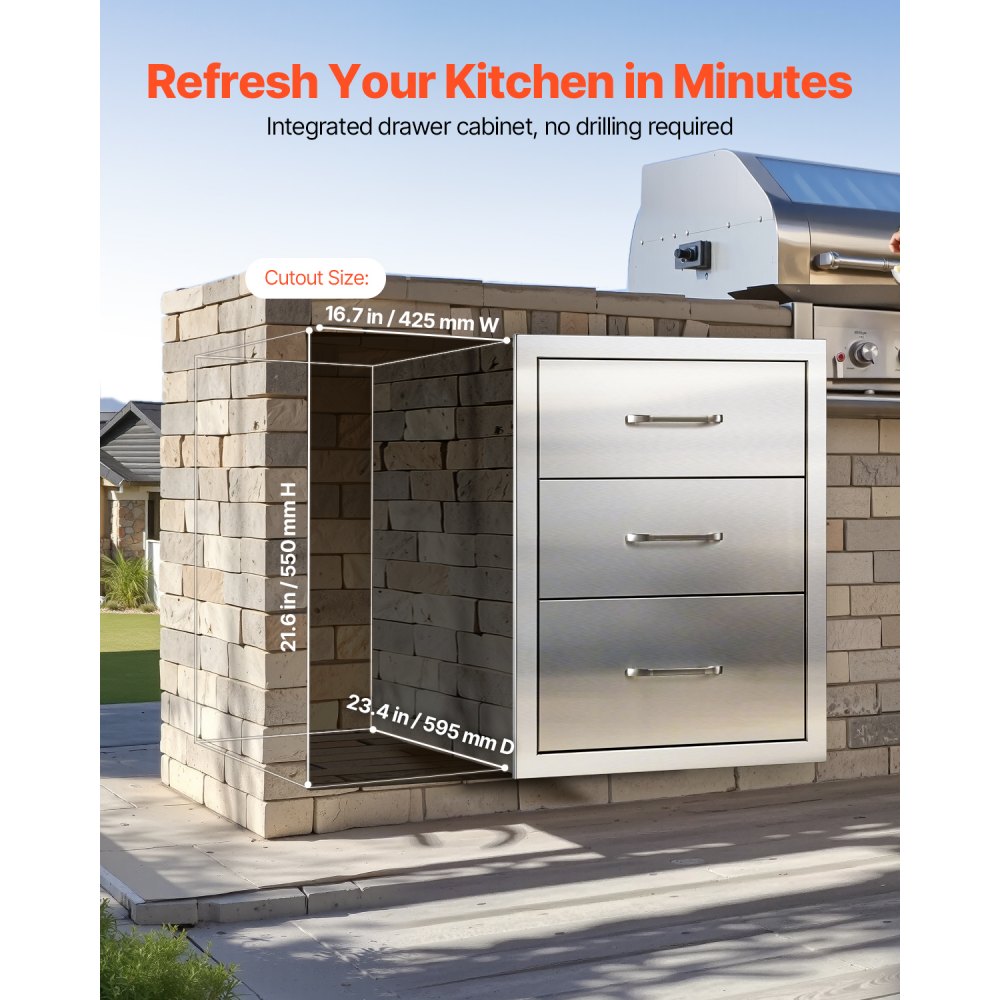 VEVOR Outdoor Kitchen Drawers 18.11"W x 23.23"D x 23.23"H, Triple-Access Stainless Steel BBQ Drawers with Handles, BBQ Island Drawer for Outdoor Kitchens or Barbeque Island Patio Grill Station