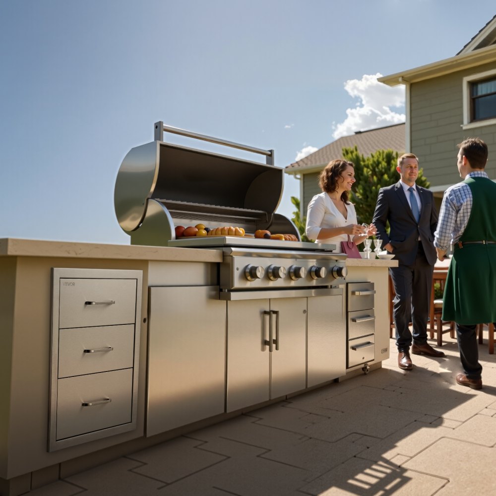 VEVOR Outdoor Kitchen Drawers 18.11"W x 23.23"D x 23.23"H, Triple-Access Stainless Steel BBQ Drawers with Handles, BBQ Island Drawer for Outdoor Kitchens or Barbeque Island Patio Grill Station
