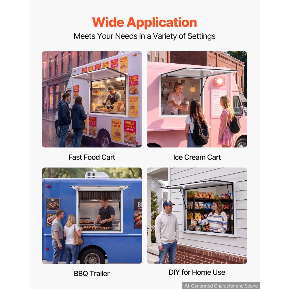 VEVOR Concession Window 36x36 in Aluminum Alloy Frame Service Window, for Food Truck, Up to 85 Degrees Stand Serving with Awning Door and Drag Hook, Rainwater Resistant for Concession Trailer