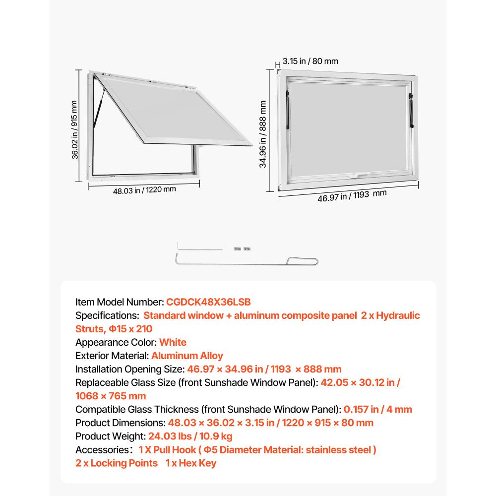 VEVOR Concession Window 48x36 in Aluminum Alloy Frame Service Window, for Food Truck, Up to 85 Degrees Stand Serving Windows with Awning Door and Drag Hook, Rainwater Resistant for Concession Trailer