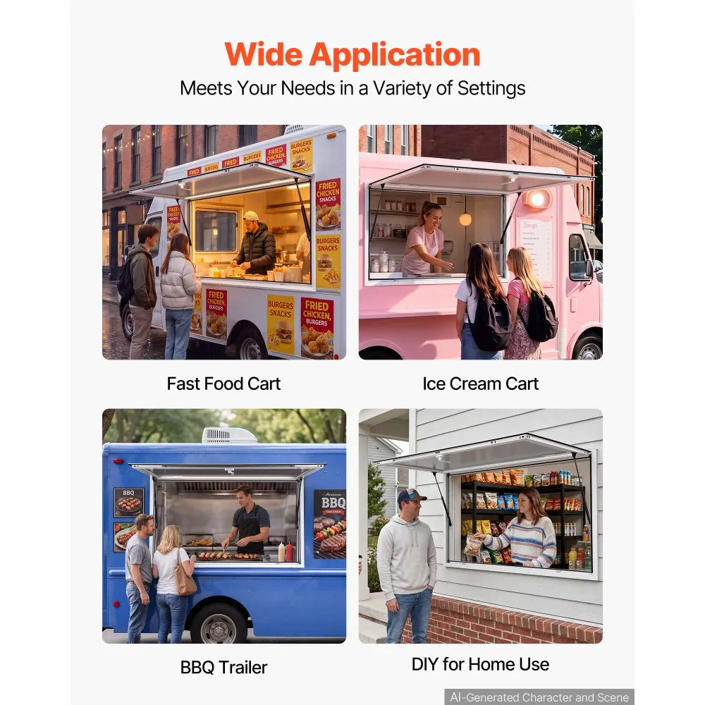 VEVOR Concession Window 60x36 in Aluminum Alloy Frame Service Window, for Food Truck, Up to 85 Degrees Stand Serving Windows with Awning Door and Drag Hook, Rainwater Resistant for Concession Trailer