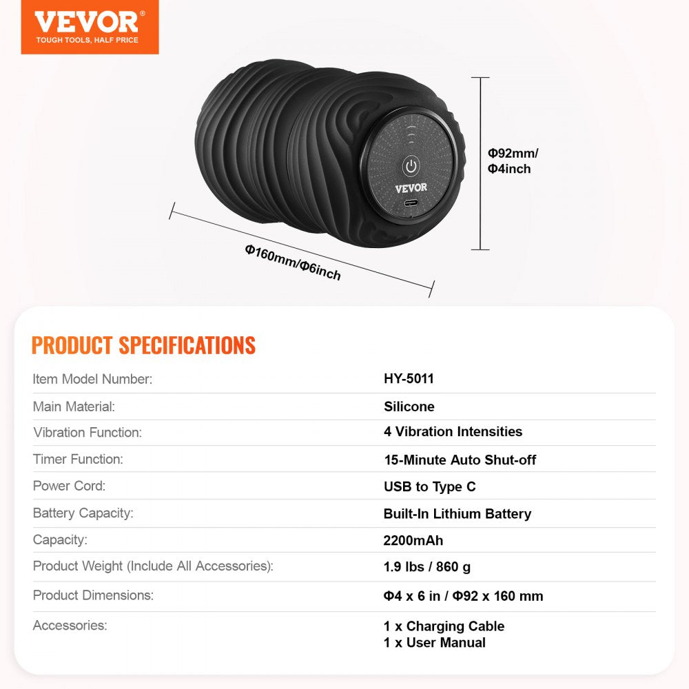 VEVOR Vibrating Peanut Massage Ball, Electric Double Lacrosse Massage Roller with 4 Intensities, Rechargeable Deep Tissue Massage Ball for Muscle Pain Relief, Exercise Recovery, Trigger Point Therapy