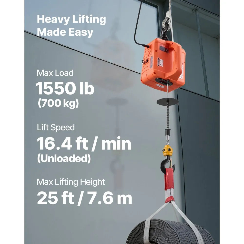 VEVOR 3-in-1 Electric Hoist Winch, 1550 lbs Capacity, 1500W Portable Power Winch Crane, 25 ft Lifting Height, 16.4 ft/min with Manual, Wired and Wireless Remote Control for Factory, Warehouss, Garage