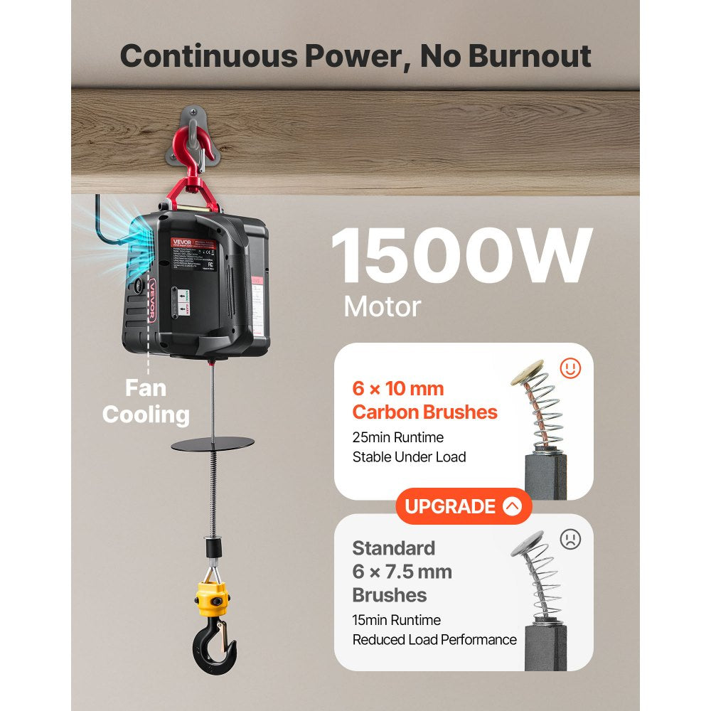 VEVOR 2-in-1 Electric Hoist Winch, 1100 lbs Capacity, 1500W Portable Power Winch Crane, 25 ft Lifting Height, 16.4 ft/min with Manual and Wireless Remote Control for Factory, Warehouss, Garage