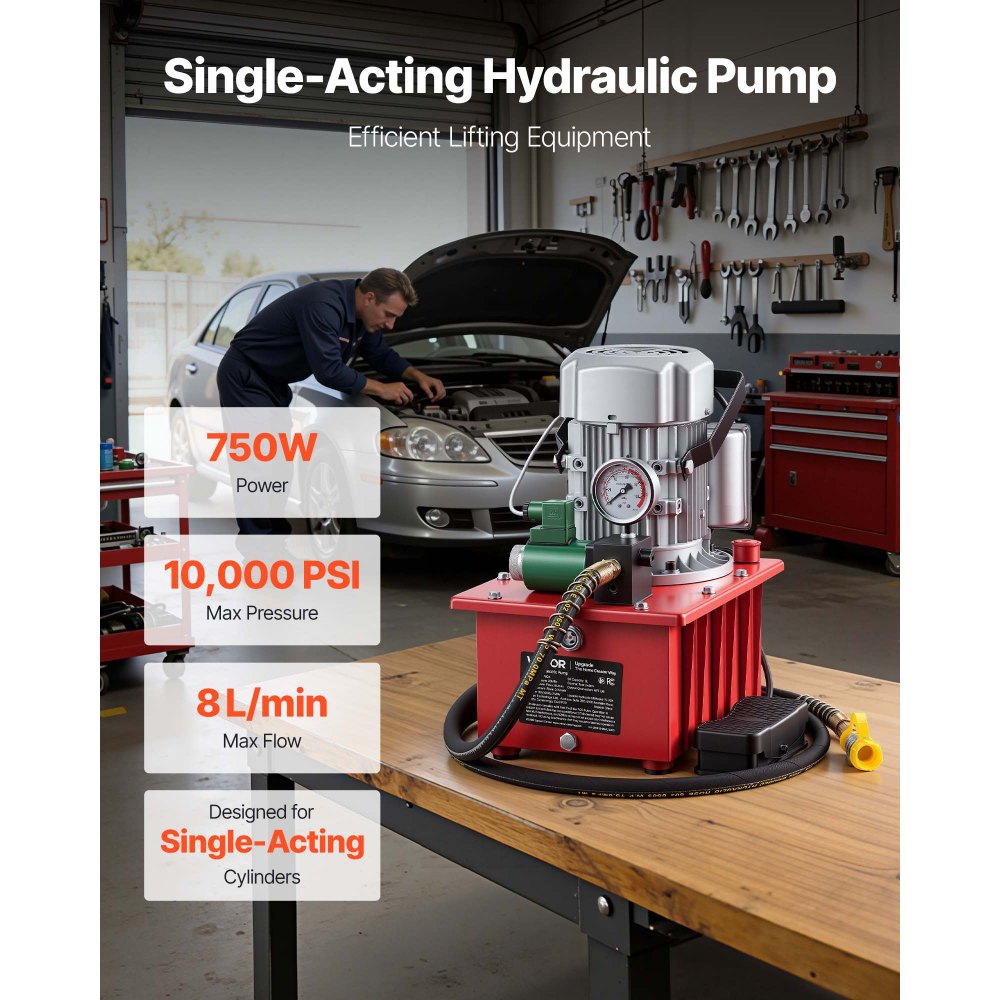 VEVOR Electric Driven Hydraulic Pump, 750W 10,000 PSI, 120V Single Acting Hydraulic Pump Power Pack Unit, Solenoid Valve with Pedal Switch, 2.1 Gal / 8L, for Punching, Bending, Single Acting Cylinders