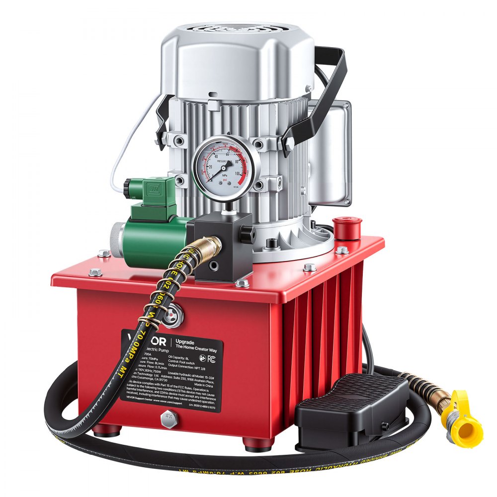 VEVOR Electric Driven Hydraulic Pump, 750W 10,000 PSI, 120V Single Acting Hydraulic Pump Power Pack Unit, Solenoid Valve with Pedal Switch, 2.1 Gal / 8L, for Punching, Bending, Single Acting Cylinders