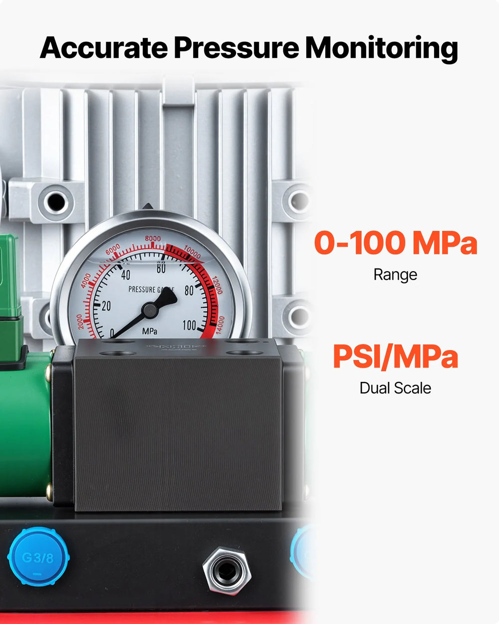Accurate pressure monitoring with 0–100 MPa range dual scale PSI/MPa gauge