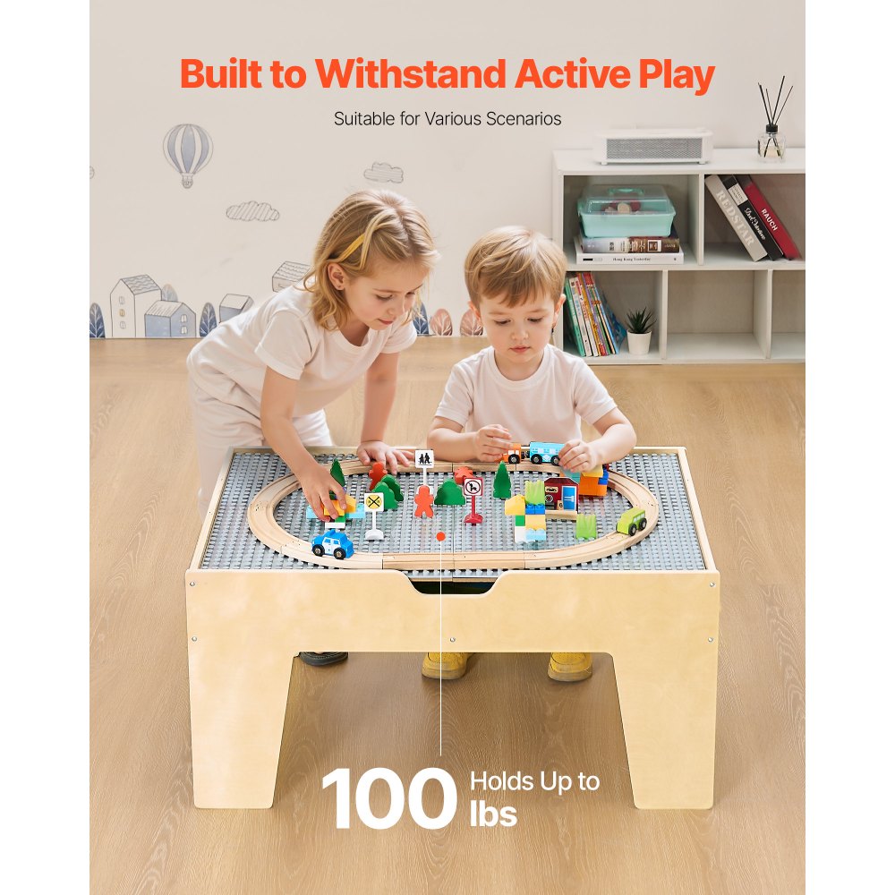 VEVOR Multi-Purpose Activity Play Table, 290 Building Bricks and 30-Piece Wooden Train Set Railway, Vehicles, Tracks and Accessories, Wooden Kids Activity Table with Storage Area for Kids Ages 3+