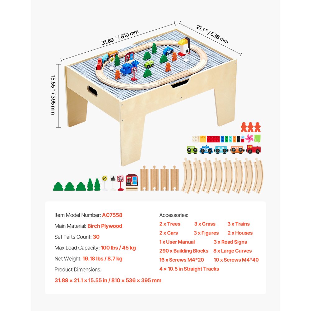 VEVOR Multi-Purpose Activity Play Table, 290 Building Bricks and 30-Piece Wooden Train Set Railway, Vehicles, Tracks and Accessories, Wooden Kids Activity Table with Storage Area for Kids Ages 3+