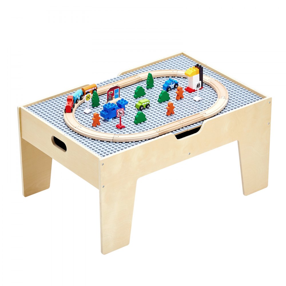 VEVOR Multi-Purpose Activity Play Table, 290 Building Bricks and 30-Piece Wooden Train Set Railway, Vehicles, Tracks and Accessories, Wooden Kids Activity Table with Storage Area for Kids Ages 3+