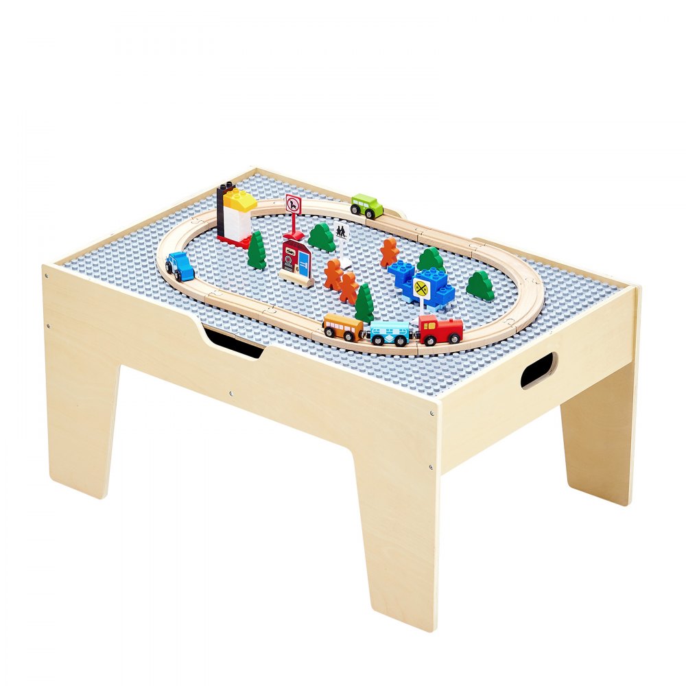 VEVOR Multi-Purpose Activity Play Table, 290 Building Bricks and 30-Piece Wooden Train Set Railway, Vehicles, Tracks and Accessories, Wooden Kids Activity Table with Storage Area for Kids Ages 3+
