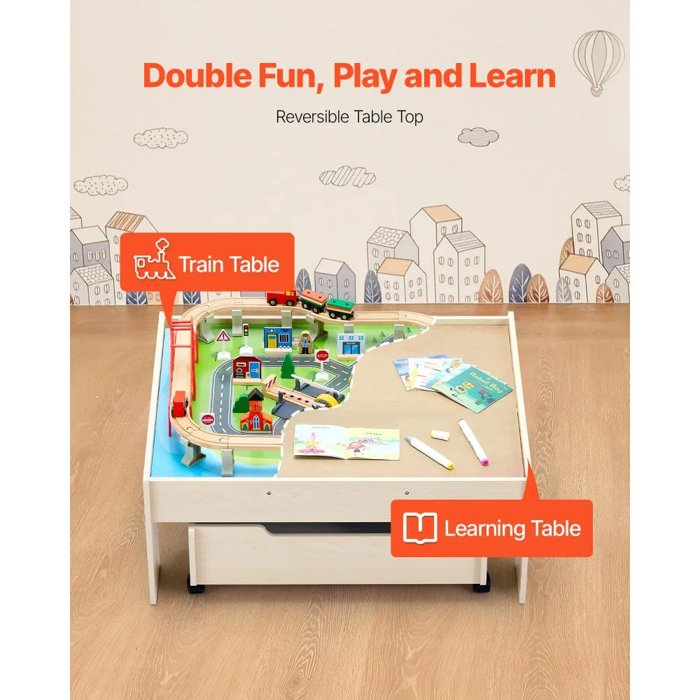 VEVOR Train Table, 100 Multicolor Pieces Wooden Kids Activity Table with Rolling Storage Drawer, 3-in-1 Wooden Train Set for Gaming, Drawing, Reading, Eating, Creative Toy Set for Kids Ages 3+