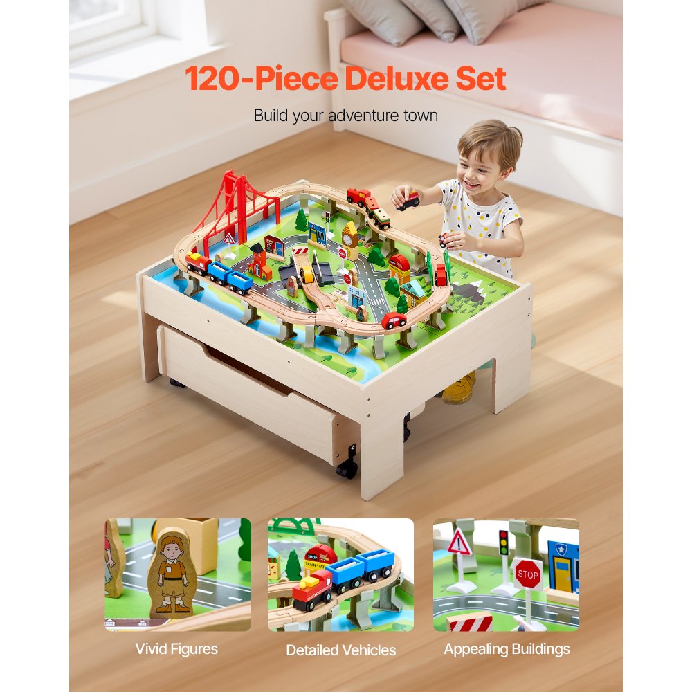 VEVOR Train Table, 100 Multicolor Pieces Wooden Kids Activity Table with Rolling Storage Drawer, 3-in-1 Wooden Train Set for Gaming, Drawing, Reading, Eating, Creative Toy Set for Kids Ages 3+